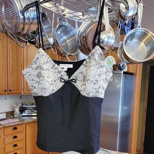 Francesca's Black Top with White Lace Overlay